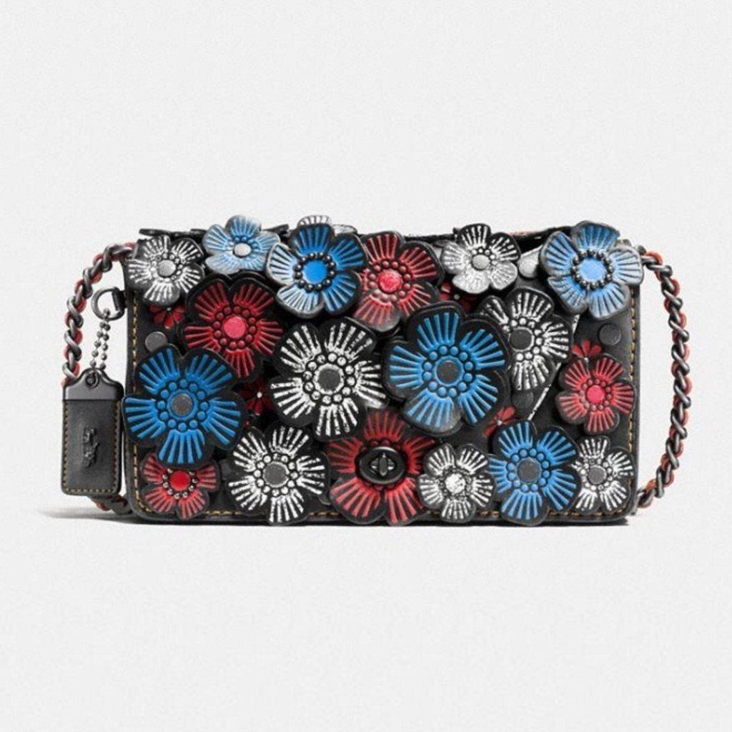 Coach Dinky Tea Rose Crossbody Black Red Multi